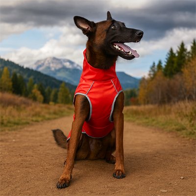 malinois assis avec Imperméable pour chien​ rouge vif 