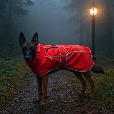 Malinois avec imperméable pour chien​ rouge balade nocturne