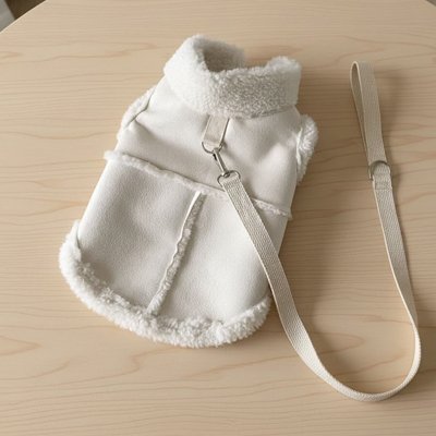 Manteau Chien avec fourrure blanche et laisse assortie