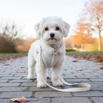 Manteau Chien blanc fourrure bichon avec laisse assortie