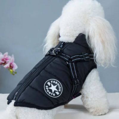 manteau-chien-noir-doux-harnais-integre-puppywinter