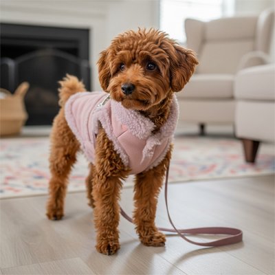Manteau Chien rose avec fausse fourrure et bichon 