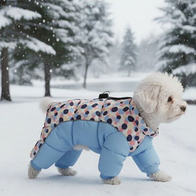 Manteau petit Chien  bleu claire et motif caniche 