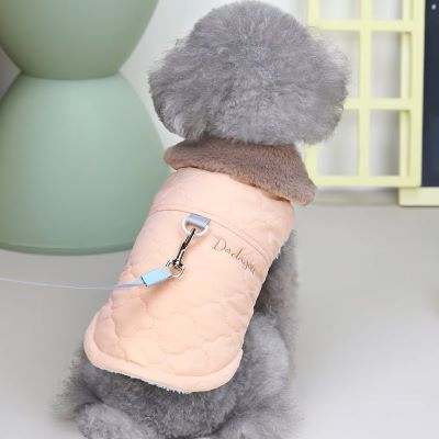 manteau-petit-chien-rose-saumon-design-col-fourrure-mypacha