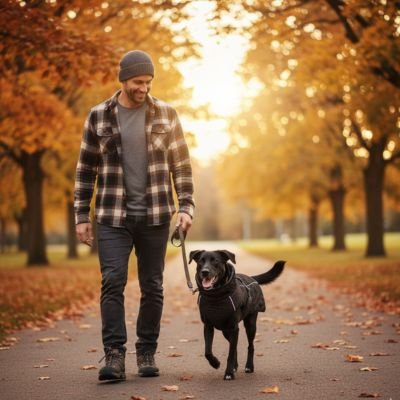 Manteau pour Chien maître et chien labrador noir heureux balade