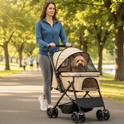 petit chien dans Poussette Chien beige design robuste en balade