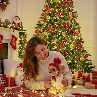 petit chien et maîtresse avec bonnet chien​ rouge mignon doux