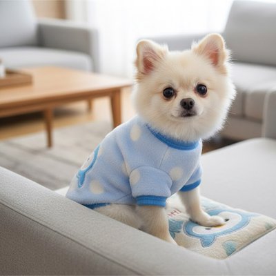 Petit Pull pour chien bleu clair sur spitz mignon motif pingouin