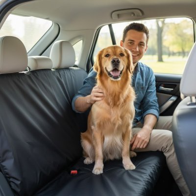 Protection chien voiture SeatPaw maître et golden en voiture
