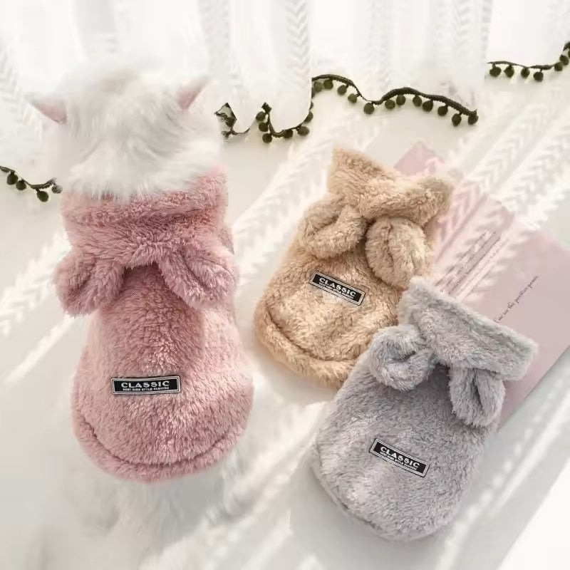 pull-chien-polaire-doux-gris-rose-oreilles-lapin-petkool
