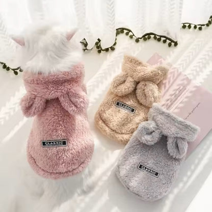 pull-chien-polaire-doux-gris-rose-oreilles-lapin-petkool