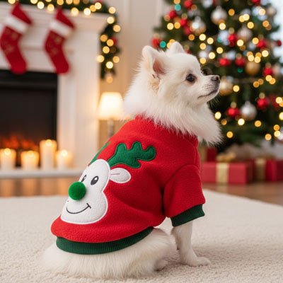 Pull pour Chien  rouge motif rennes de noël en relief
