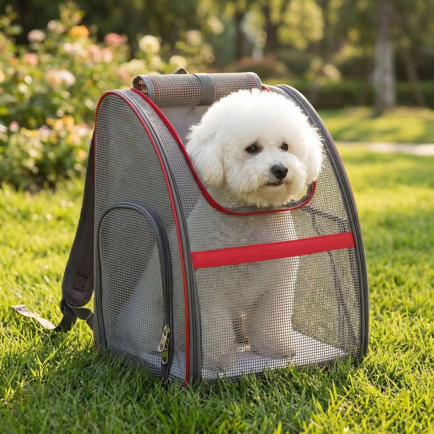 sac a dos portage chien Aeropaws rouge bichon parc