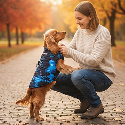 toutou avec Imperméable pour chien​ bleu noir motifs fun