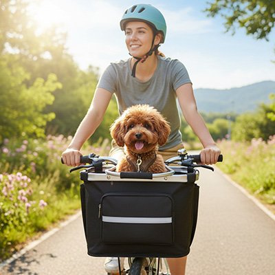Vélo panier Chien bichon frisé caramel et maîtresse sur route