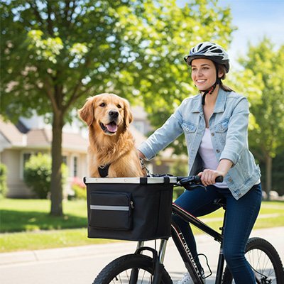 Vélo panier Chien labrador et maîtresse en balade heureux