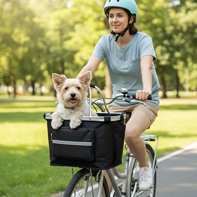 Vélo panier Chien petit chien poils blanc heureux dans le panier
